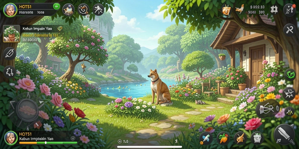 Screenshot HOT51 menampilkan kebun indah dengan tanaman subur dan hewan ternak.