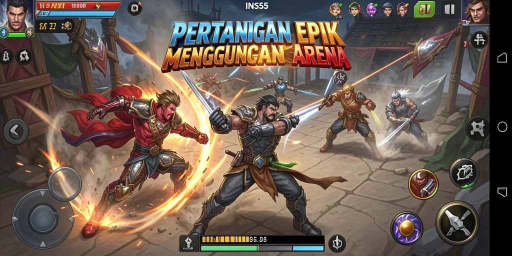 Screenshot INS55 menampilkan pertarungan intens dengan karakter yang beraksi.