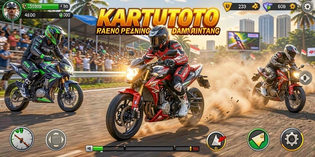 Screenshot KARTUTOTO menampilkan aksi balapan motor yang seru.
